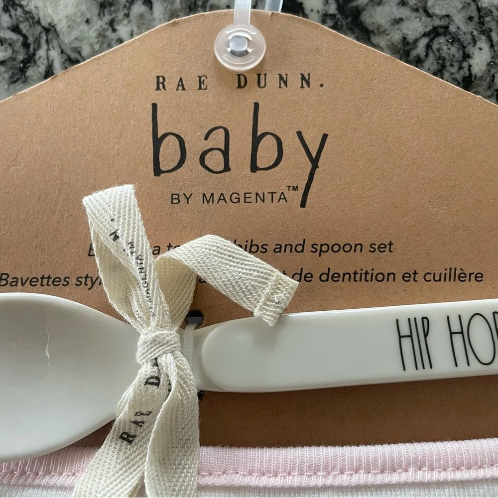 New! Rae Dunn by Magenta Hippity Hop Bandana Teether Bib & Spoon Set
